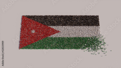 A Crowd of People congregating to form the Flag of Jordan. Jordanian Banner on White.