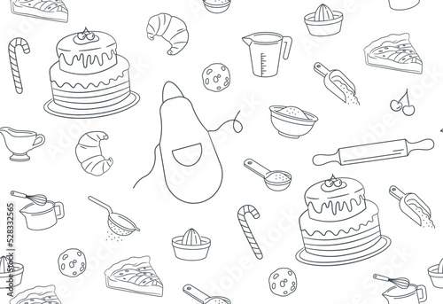 Baking seamless pattern. Repeating design element for printing on wrapping paper. Sweets, pies, cakes and sugar Christmas sticks. Picture for printing on clothing. Cartoon flat vector illustration