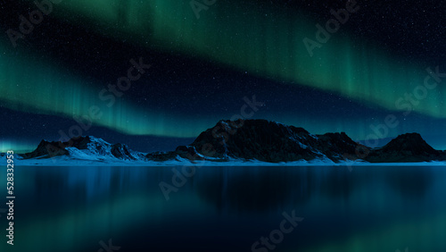 Blue Aurora Lights over Snow covered Landscape. Magical Northern Lights Wallpaper with copy-space.