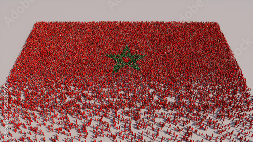 A Crowd of People congregating to form the Flag of Morocco. Moroccan Banner on White. photo