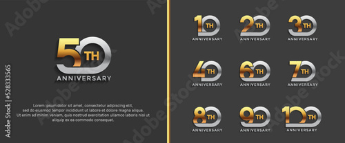 set of anniversary logotype silver and gold color on black background for celebration moment