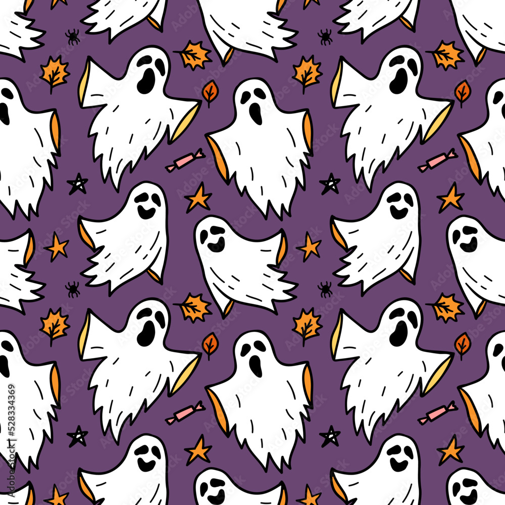 Cloth Ghost seamless pattern. Flying Phantoms. Halloween scary ghostly monsters. Cute cartoon spooky characters. Holiday Silhouettes. Horror Halloween hand drawn doodle background Cloth Ghost seamless pattern. Flying Phantoms. Halloween scary ghostly monsters. Cute cartoon spooky characters. Holiday Silhouettes. Horror Halloween hand drawn doodle background
