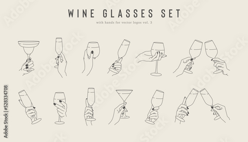 Set volume three of hands with wine glasses. Vector line collection of hold hand drinks. Design template for restaraunt logo, alcohol label, cocktail emblem, wine bar or drink store stickers.