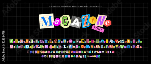 Color letters, numbers and punctuation marks cut from newspapers and magazines. Collage vector alphabet in trendy style. Criminal, anonymous or detective font. Vintage elements for your design.