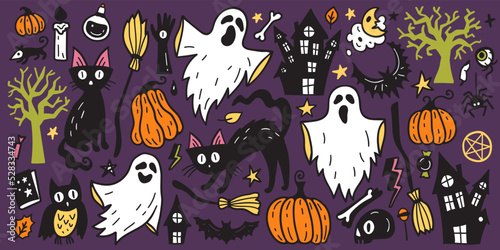 Bright collection of Halloween sticker sketch set. Big set of hand drawn doodle. Collection halloween and magic elements. Pumpkins, ghost, skull, black cat, pot, hat. © Pictulandra