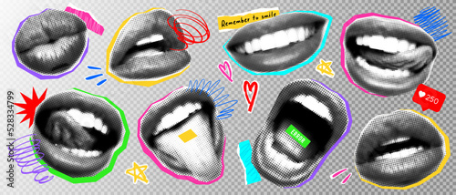 Halftone lips set with punk elements. Collage mouth for banner, graphic design, poster, illustration. Vector set of scream, kiss, smile, tongue, open mouth. Texture elements on transparent background. photo