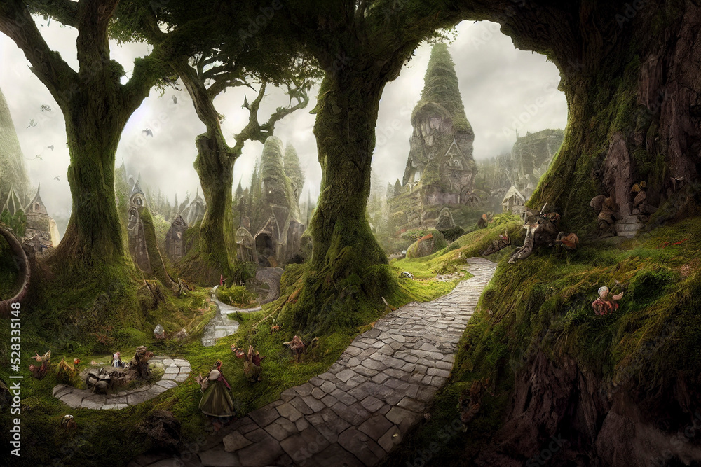 Fantasy landscape painting, castle and village, imaginary world Fantasy landscape painting, castle and village, imaginary world