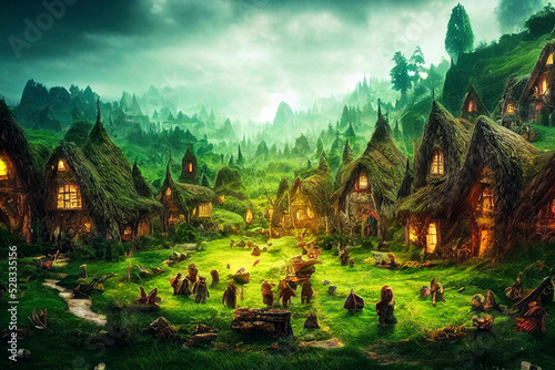 Fantasy landscape painting, castle and village, imaginary world