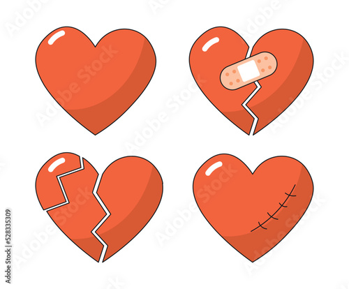 Set of broken hearts. Psychological problems and traumas, mental health. Bad relationships and unsuccessful love, quarrels and scandals. Cartoon flat vector illustrations isolated on white background