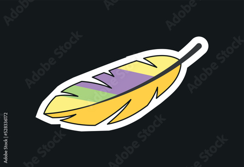Colorful feather sticker. Design elements for social networks. Bright plumage of animals, beautiful birds. Stylish badge for clothes and briefcases. Website icons. Cartoon flat vector illustration