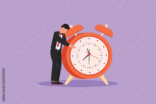 Flat cartoon style drawing of happy businessman or executive director standing and hugging big clock. Time management. Time, watch, time to work. Deadline project. Graphic design vector illustration