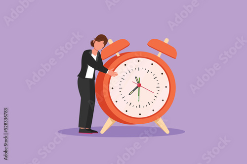 Character flat drawing pretty businesswoman, manager or employee stand and hugging big clock. Time management concept. Time, watch, time to work. Business metaphor. Cartoon design vector illustration