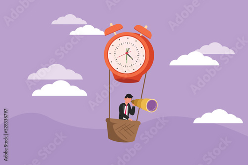 Character flat drawing happy businessman, manager or employee ride hot air balloon alarm clock and looking forward with telescope. Time management business travel. Cartoon design vector illustration