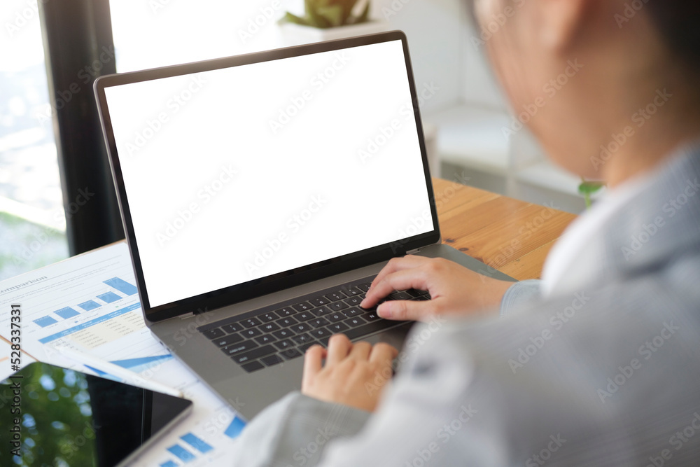 Focused businesswoman using laptop computer at bright modern office. Focused businesswoman using laptop computer at bright modern office.