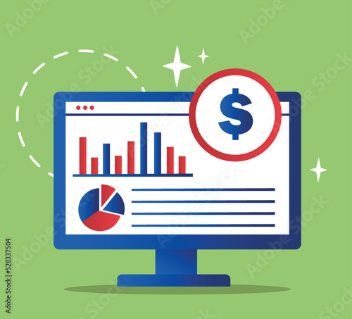 Banking and finances. Computer with graphs and charts, work with statistics. Estimation of income and expenses, budgeting. Application for investor or entrepreneur. Cartoon flat vector illustration