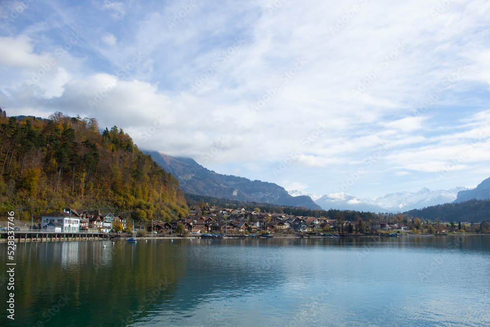 Beautiful Autumn landscape of Lake Brienz, Switzerland. Copy space