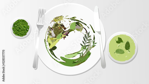 Set of simple white cutlery, large white ceramic plate, simple silver knife and green vegetarian food on minimal silver fork on grey background, realistic illustration vector.