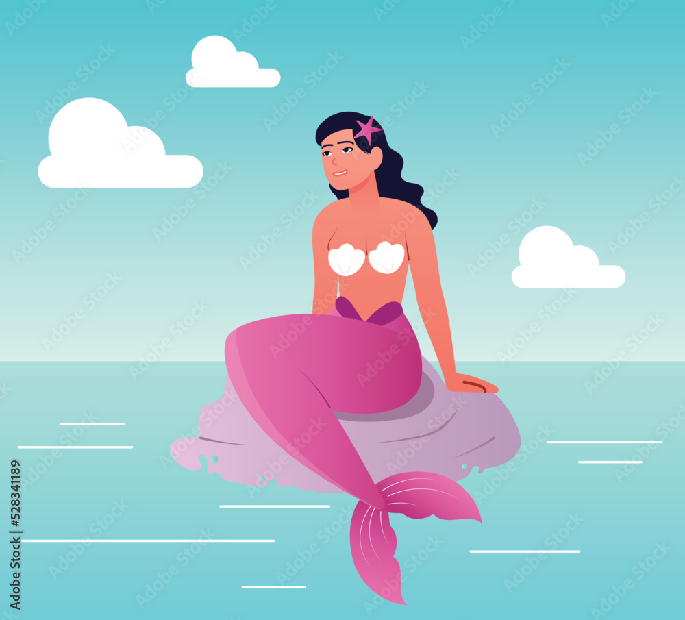 Mermaid in sea. Woman with star sits on stone, fairy tale. Imagination and fantasy. Design element for printing on clothes with representatives of underwater world. Cartoon flat vector illustration