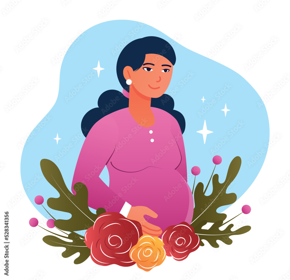 Happy pregnant woman. Girl with big belly stands next to flowers. Expectant mother, motherhood and parenthood. Character expecting baby, mothers day poster or banner. Cartoon flat vector illustration