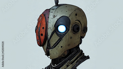 close up of a robot soldier with only one eye portrait