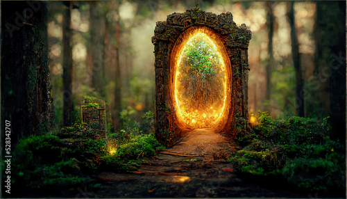 Billede på lærred Spectacular fantasy scene with a portal archway covered in creepers