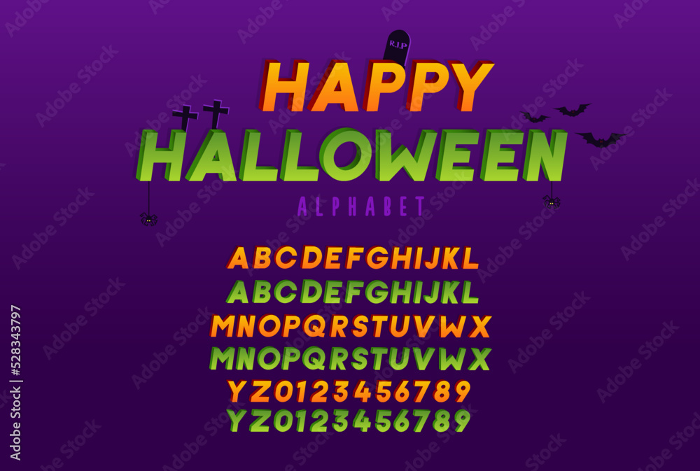 3d effect script font for halloween and spooky subjects. Unique creepy typeface alphabet and numbers in vector format in green and orange variations 3d effect script font for halloween and spooky subjects. Unique creepy typeface alphabet and numbers in vector format in green and orange variations