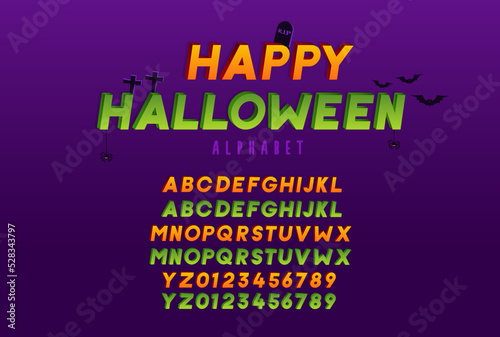 3d effect script font for halloween and spooky subjects. Unique creepy typeface alphabet and numbers in vector format in green and orange variations