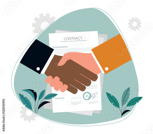 People shake hands. Investor and entrepreneur signed contract, metaphor for successful negotiations. Businessmen next to document. Partnership and collaboration. Cartoon flat vector illustration