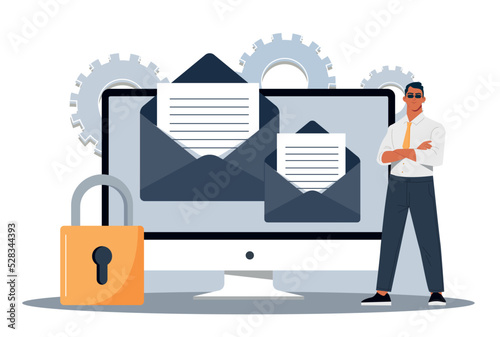 Internet security concept. Programmer improves companys data and email protection system. Antivirus, phishing and tracking. Modern technologies and digital world. Cartoon flat vector illustration