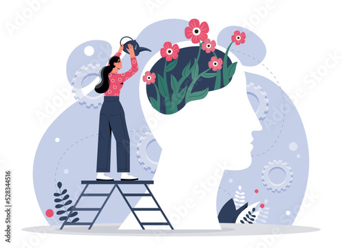 Mental health concept. Woman planting flowers in abstract head silhouette. Mindfulness, positive thinking and optimism. Psychology, consciousness and subconsciousness. Cartoon flat vector illustration