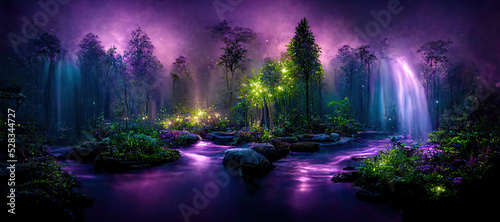 Obraz na plátně 3D illustration rendering of forest image illuminated at night by bioluminescence