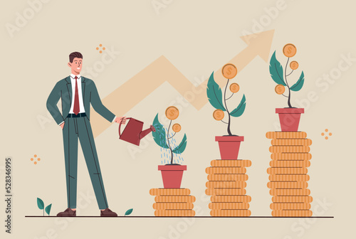 Man watering money. Financial literacy and passive income. Talented investor or entrepreneur, successful businessman. Trading and economics, graphs and charts. Cartoon flat vector illustration