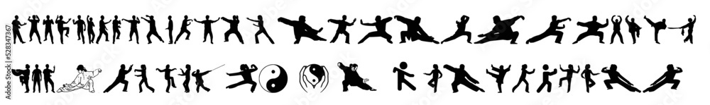 A collection of silhouettes of various kinds of taichi movements on a white background