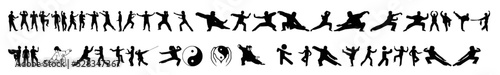 A collection of silhouettes of various kinds of taichi movements on a white background