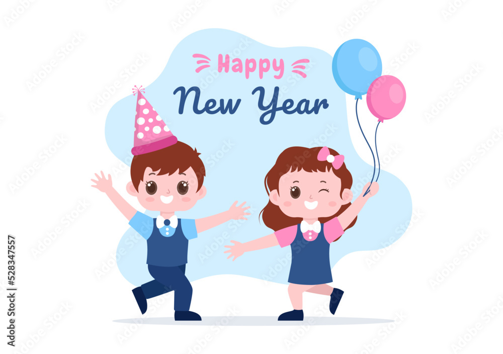 Happy New Year 2023 Celebration Template Hand Drawn Cartoon Flat Background Illustration with Fireworks, Ribbons and Confetti Design Happy New Year 2023 Celebration Template Hand Drawn Cartoon Flat Background Illustration with Fireworks, Ribbons and Confetti Design