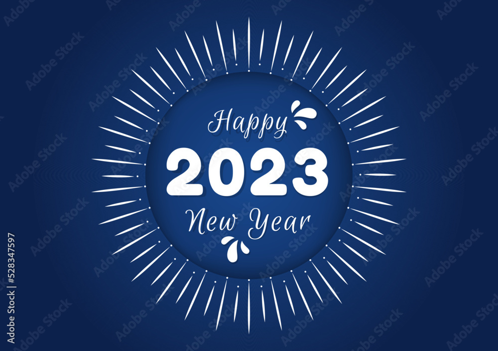 Fototapeta premium Happy New Year 2023 Celebration Template Hand Drawn Cartoon Flat Background Illustration with Fireworks, Ribbons and Confetti Design