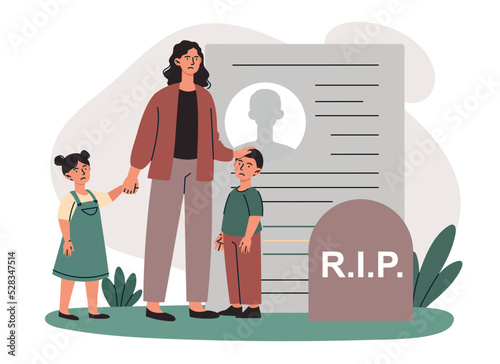 Social security concept. Young girl with two children near grave. Support from state, financial difficulties and problems in life. Poster or banner for website. Cartoon flat vector illustration