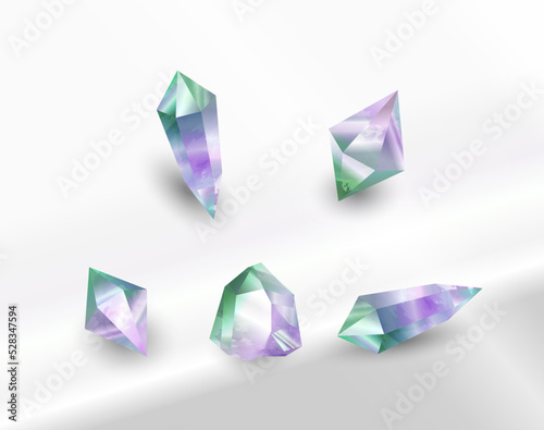 Set of realistic Fluorite gemstones.  Fluorite of different forms isolated on white background.