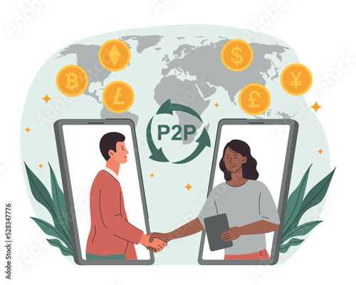 P2P traiding concept. Man and woman shake hands. Entrepreneurs make deal, metaphor for successful negotiations. Partnership and collaboration, globalization. Cartoon flat vector illustration photo