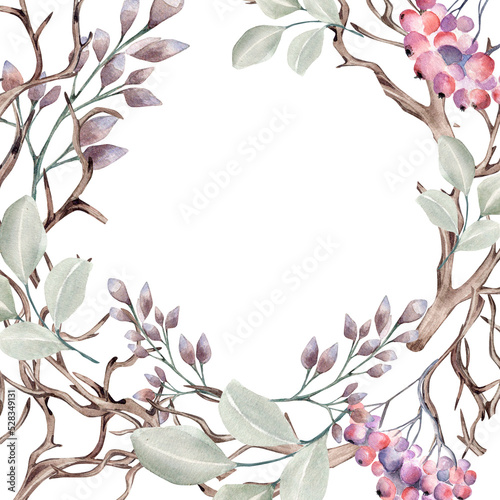 Frame of winter plants watercolor illustration isolated on white.