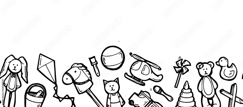 Bottom seamless border. Toys for children of different ages. Outline hand drawn sketch. Drawing with ink. Isolated on white background. Vector.