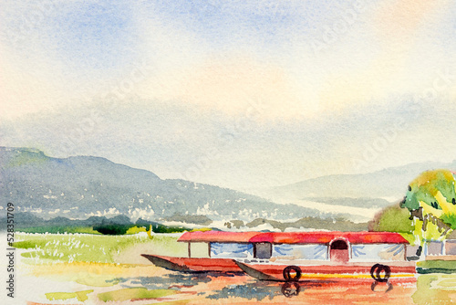 Tourist boats and fishing families. Watercolor paintings of beautiful landscapes.