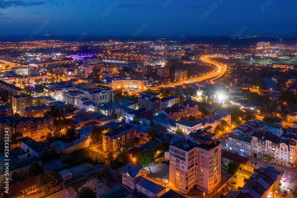 Aerial view of Penza town on summer night. Penza Oblast, Russia.