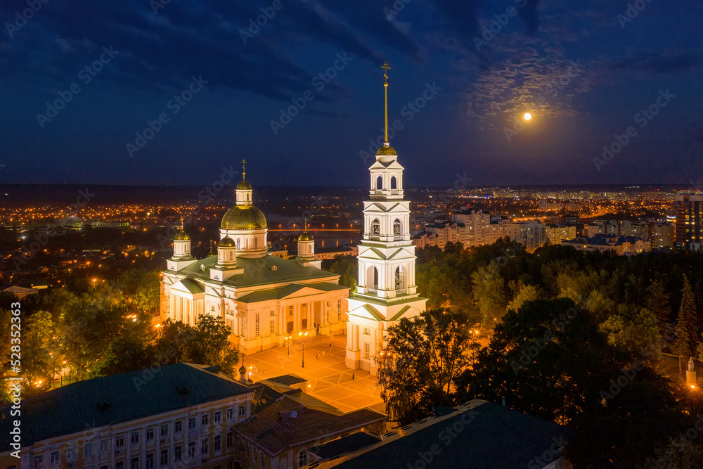 Moon night view of Spassky cathedral. Penza town, Russia.