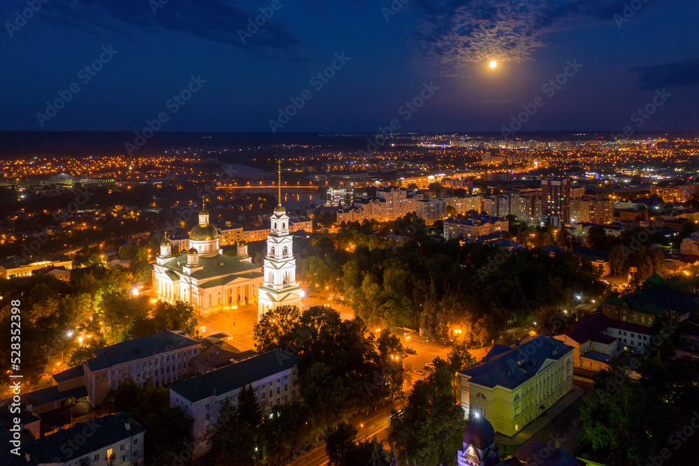 Night cityscape with Spassky cathedral. Penza town, Russia.