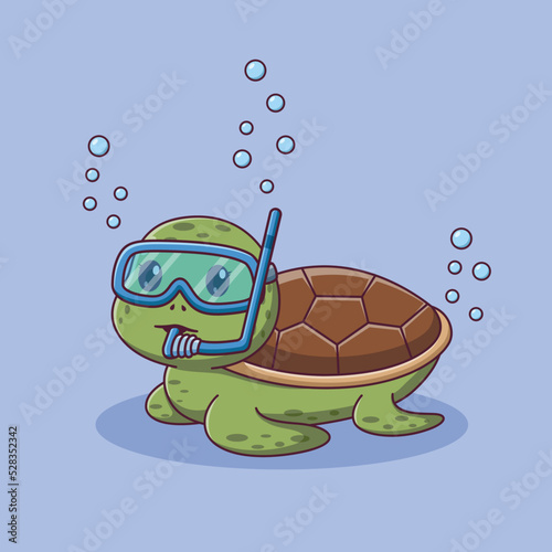 Cute Turtle Cartoon Snorkeling In The Sea. Turtle Icon Concept. Flat Cartoon Style. Suitable for Web Landing Page, Banner, Flyer, Sticker, Card