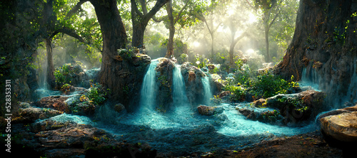 A beautiful enchanted forest with big fairytale trees, waterfall and great vegetation. Digital Painting Background, Illustration. photo