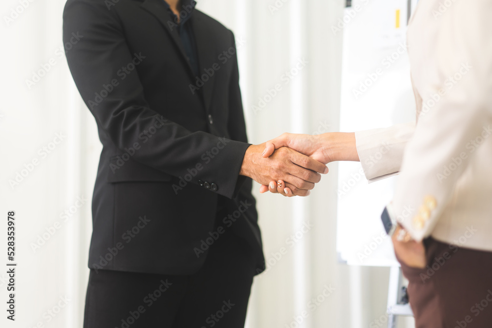 Adult business man and woman handshake together for partnership contract deal for finance