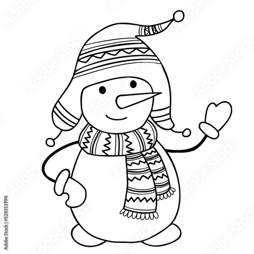 Cute snowman with knitted hat and scarf. Vector illustration. Linear hand drawn doodle. Cute Winter cartoon fairy tale snow character for decor and New Year cards, colorize picture.