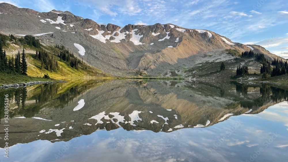 Mountain reflected in calm lake 